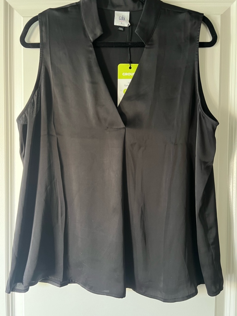 CAbi Epitome Black V-Neck Satin-Look Sleeveless Top #1206
